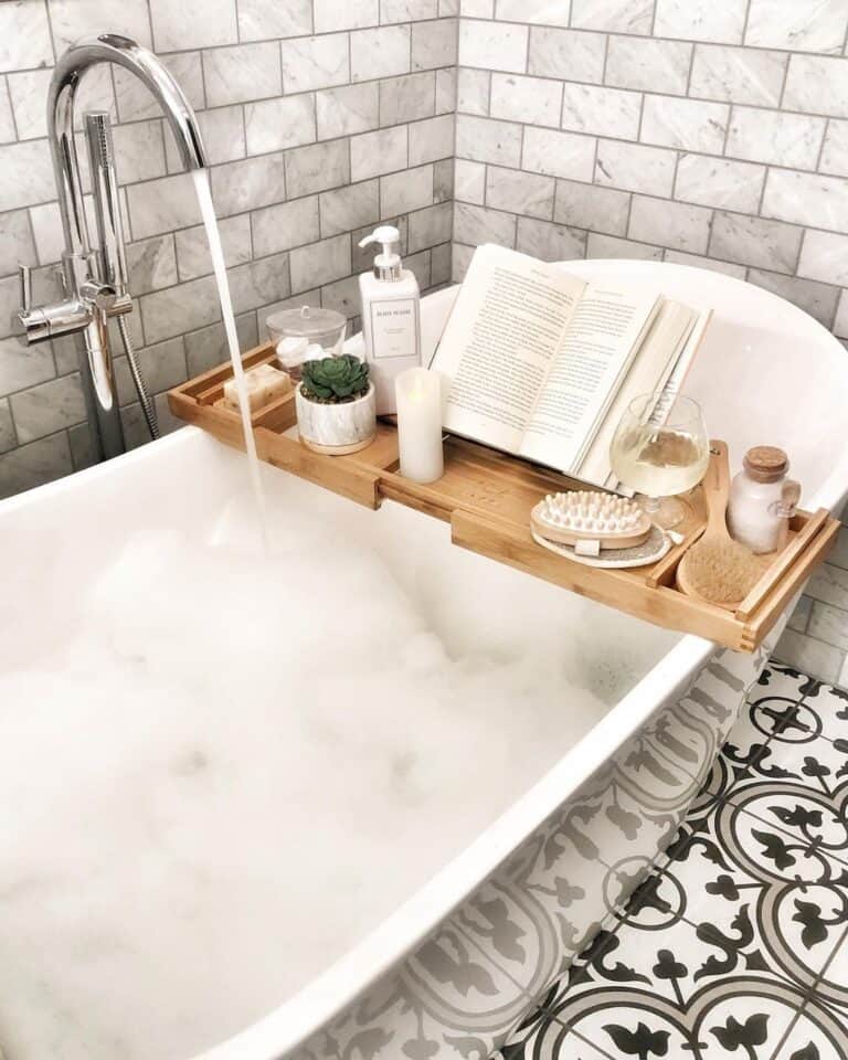 Bamboo Bathtub Caddy Next to Chrome Tub Filler