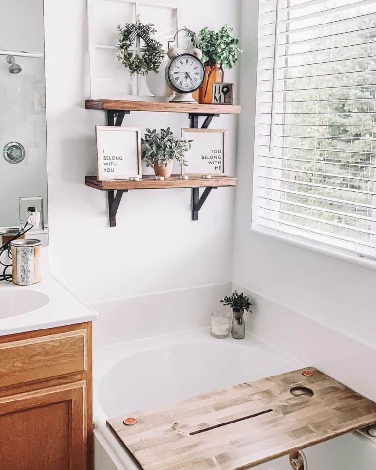 White Drop-in Bathtub with Wooden Tray