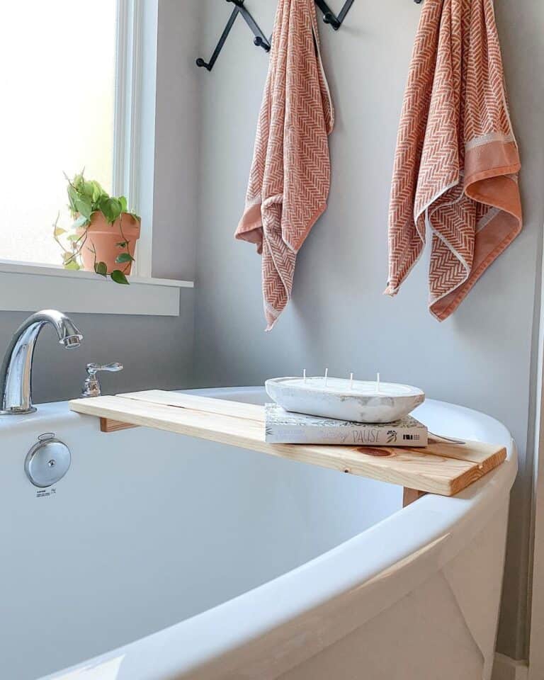 Oval Bathtub with Light Wood Tub Tray