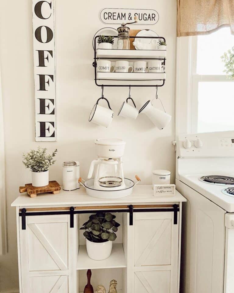 White Farmhouse Kitchen with Coffee Station Table