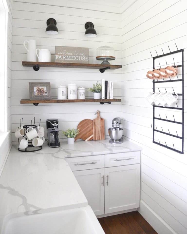 White Kitchen with Wooden Shelving and Coffee Station